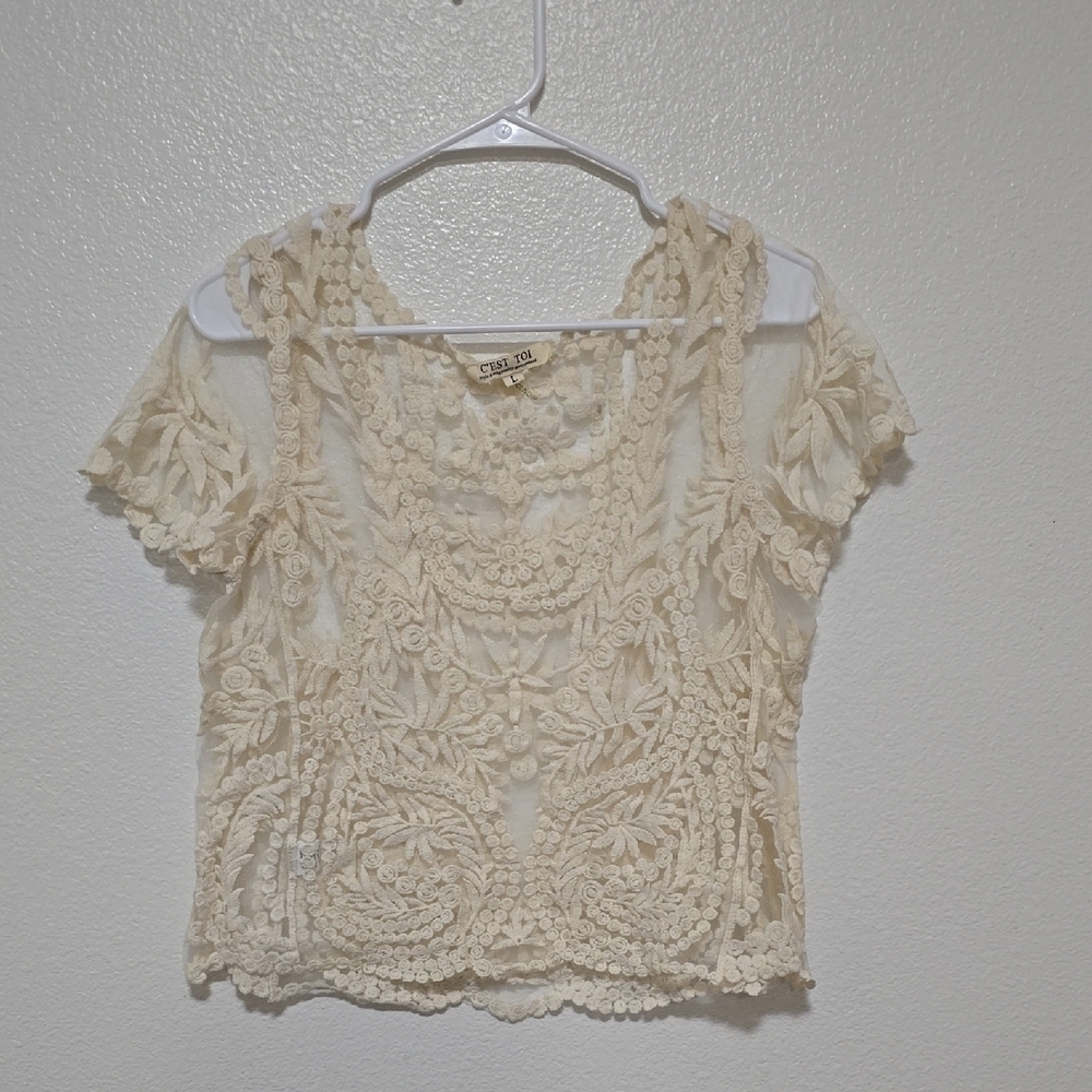 Embellished Cream Cropped Blouse with Ruffles